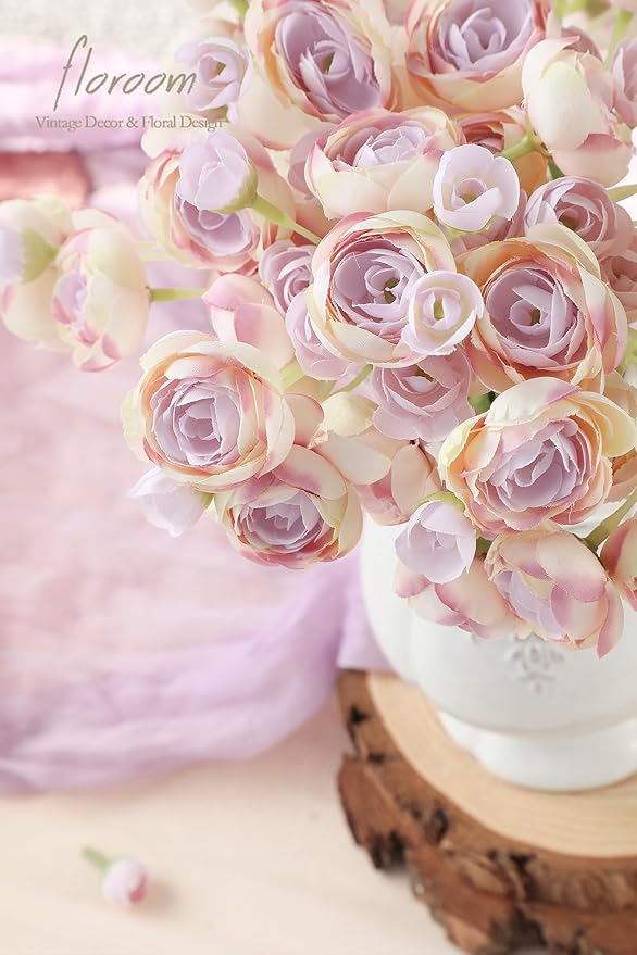 Floroom Ranunculus Artificial Flowers 18 Pcs Lilac Faux Silk Mini Ranunculus Bulk Fake Wedding Filler Flowers for DIY Bouquets, Centerpieces, Bridal Shower Decorations & Arrangements-Ruum Studio Home