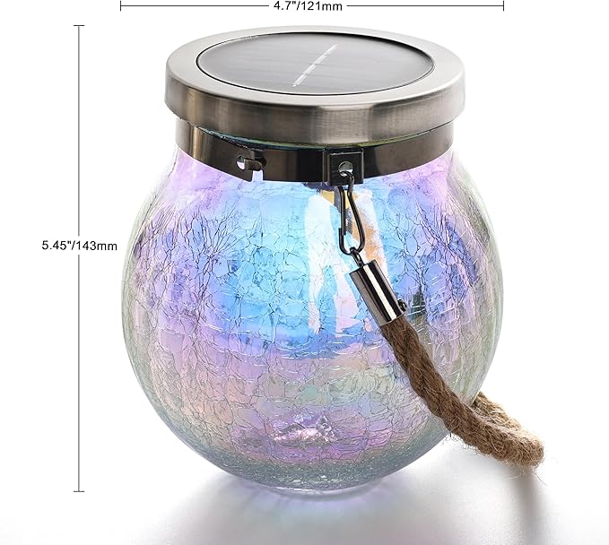 Cooo 2 Pack Solar Lantern Outdoor Waterproof Iridescent Crackle Glass with 215% Larger Solar Panel, Stainless Steel Lid – Rainbow Glass Hanging Light with Cool White LED for Garden Patio Table-Ruum Studio Home