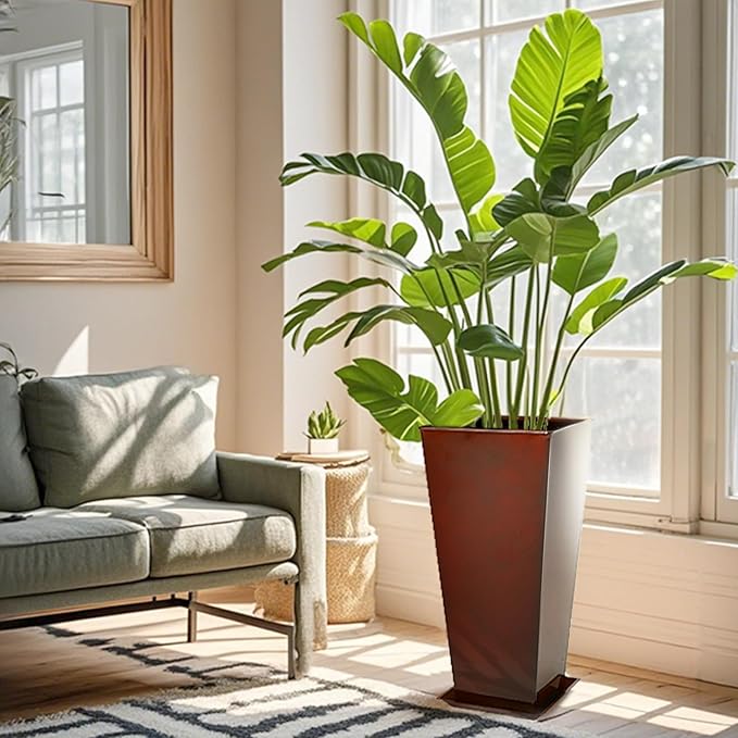 KOL 25''H. Galvanized Steel Planter with Saucer, Tall Glazed Planter Pots for Indoor & Outdoor Use, Set of 2, Decorative Flower Plant Pots with Drainage Hole for Porch, Patio, Deck - Reddish Brown-Ruum Studio Home