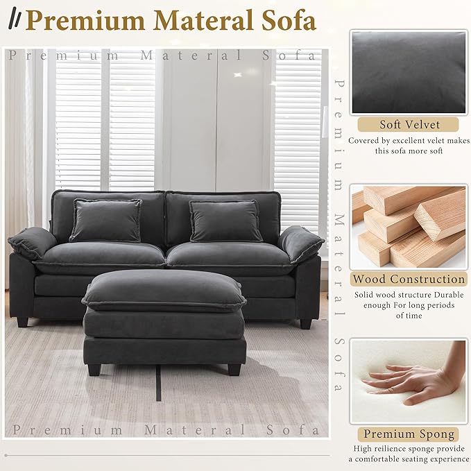 URRED Modular Sectional Sofa Comfy Cloud Couch, Modern Velvet Sofa Sleeper Deep Seat Couches with Ottoman/Pillows for Living Room (Dark Gray, 82.6''- L Shape)-Ruum Studio Home