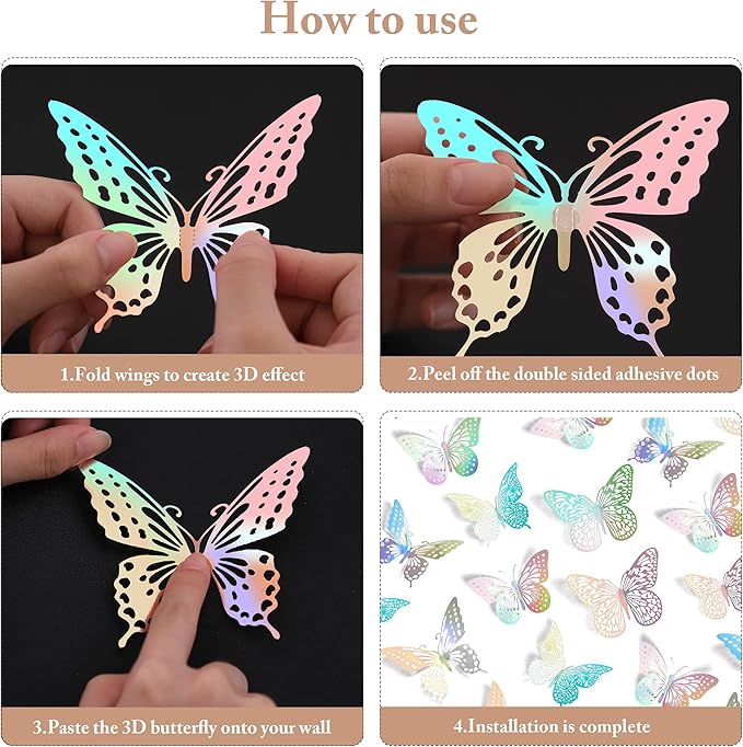 SAOROPEB 3D Butterfly Wall Decor - 48 Pcs, 4 Styles, 3 Sizes - Removable Stickers (Laser)-Ruum Studio Home