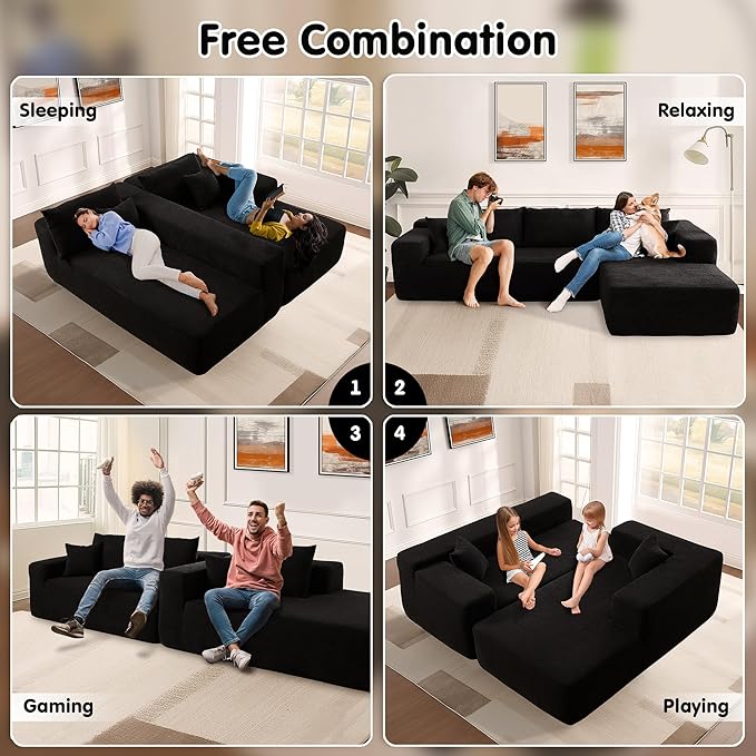 ovios 104" Cloud Sectional Couch with L-Shape Chaise,Modern Modular Sofa with Deep Seat, Upholstered Couches for Living Room Bedroom,No Assembly Required, Black (Corduroy Fabric)-Ruum Studio Home