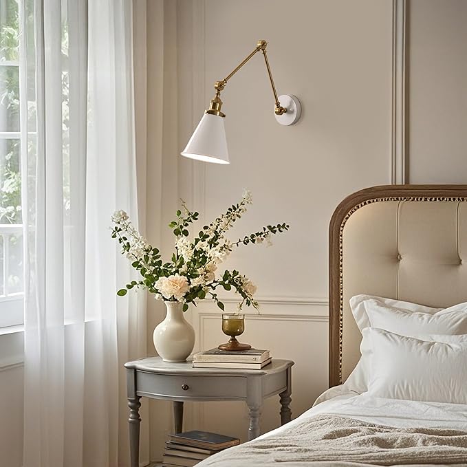 JONATHAN Y JYL7462B Rover 7" Classic Industrial Metal Adjustable Arm LED Wall Sconce, White/Brass Gold for Bedroom, Bathroom, Vanity-Ruum Studio Home