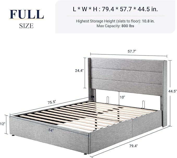 Allewie Full Size Lift Up Storage Bed, Modern Wingback Headboard, Hydraulic Support, No Box Spring Needed, Light Grey-Ruum Studio Home
