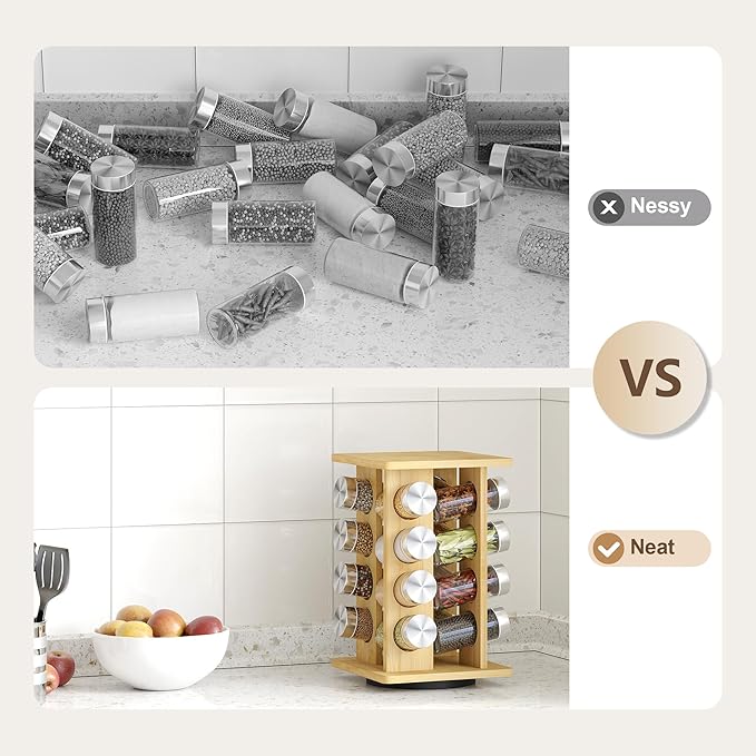 WelFurGeer Bamboo Spice Rack Organizer for Countertop, Revolving Spice Shelf with 16 Glass Jars, Lids & Labels, Desktop Rotating Seasoning Organizer for Kitchens, Space-Saving Design-Ruum Studio Home
