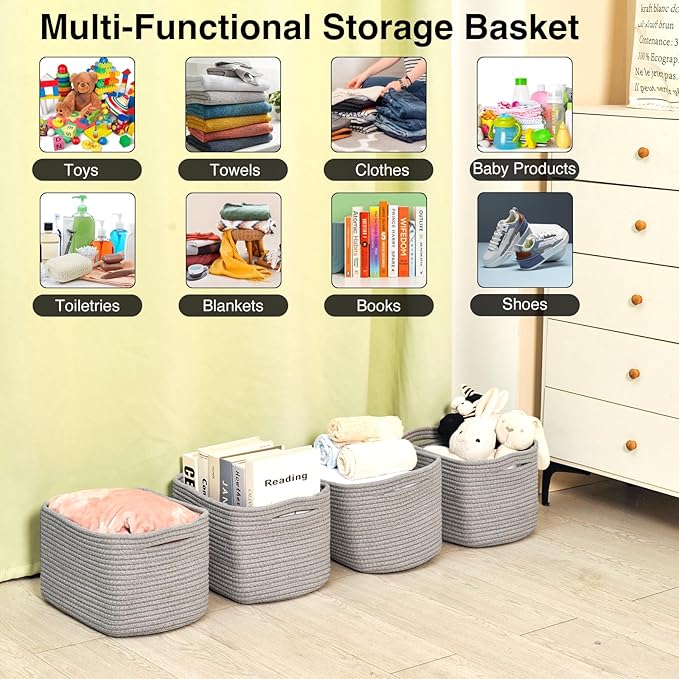 Small Storage Baskets for Shelves Organizing, Woven Cotton Rope Baskets for Storage, Book Basket, Decorative Shelf Basket, 12.5"Lx9.1''Wx7.9''H (4 Packs) Grey-Ruum Studio Home