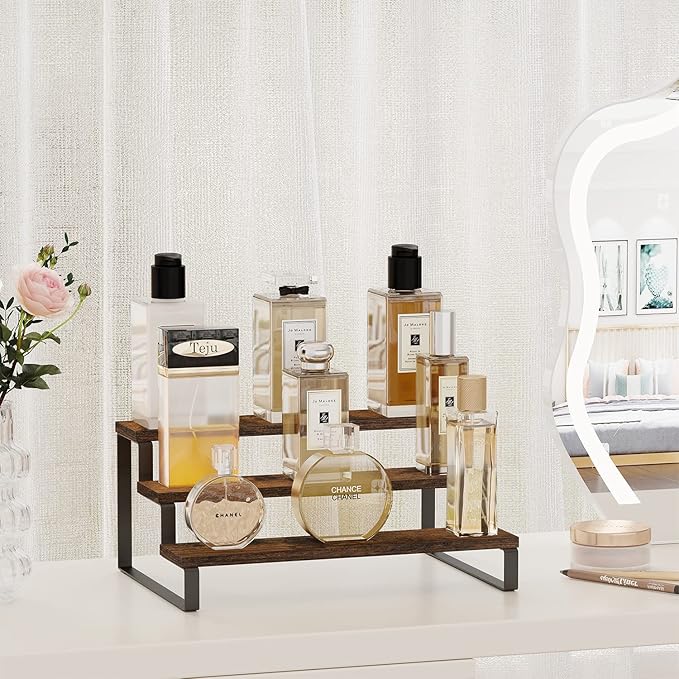 YINMIT Wooden Display Riser Stand, Tiered Perfume and Cologne Organizer Stand, 3 Tier Spice Rack Organizer, Rustic Display Shelf for Candles (3 Tier)-Ruum Studio Home