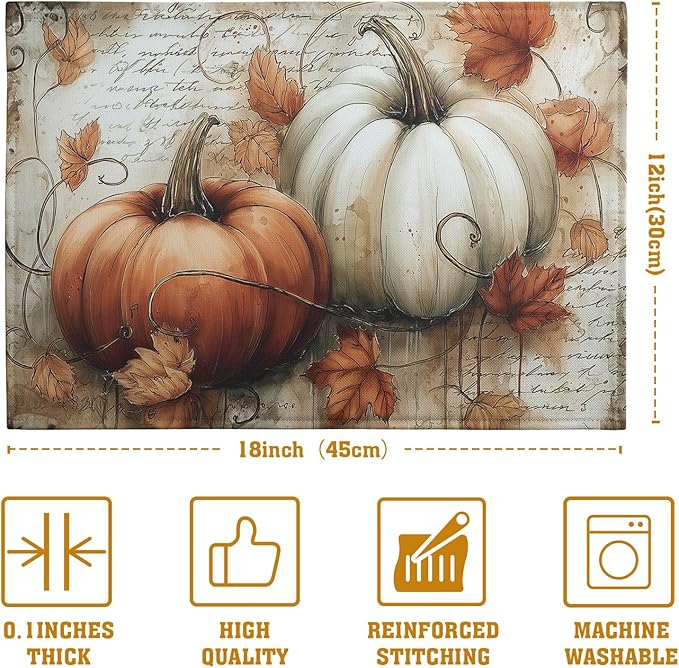 Fall Vintage Pumpkin Leaves Placemats Set of 4 Autumn Thanksgiving Harvest Linen Dinner Place Mats 12x18 Burnt Orange and White Rustic Farmhouse Decorative Kitchen Table Mats-Ruum Studio Home