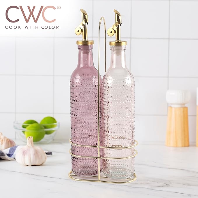 COOK WITH COLOR Glass Olive Oil Bottle Dispenser - 2 Pack- 17oz Oil and Vinegar Cruet - Olive Oil Carafe Decanter for Kitchen-Ruum Studio Home