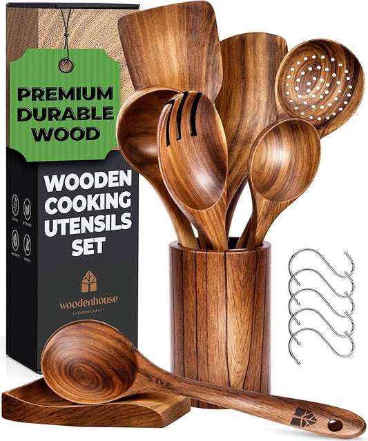 8 Pcs Teak Wooden Utensil Set with Holder, Spoon Rest & 6 Hooks - Durable Wooden Spoons for Cooking with Comfort Grip - Effortless Clean, Non-Stick Friendly-Ruum Studio Home