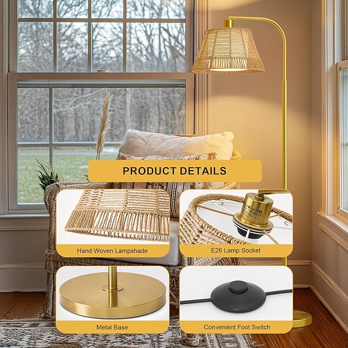 Oneach Arc Floor Lamp for Living Room,Rattan Boho Floor Lamp with Hand-Woven Wicker & Fabric Shade, Foot Switch,Gold Metal Base & Pole,Farmhouse Standing Lamp for Bedroom Corner,Office,Reading-Ruum Studio Home
