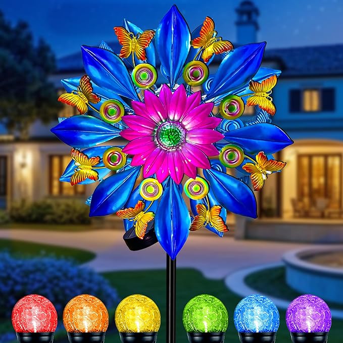60 Inch Solar Wind Spinner Outdoor - Double-Sided Rotating Colorful Kinetic Wind Spinners for Garden, Yard Decorations Outdoor,Metal Wind Sculptures & Spinners, Wind Art-Ruum Studio Home