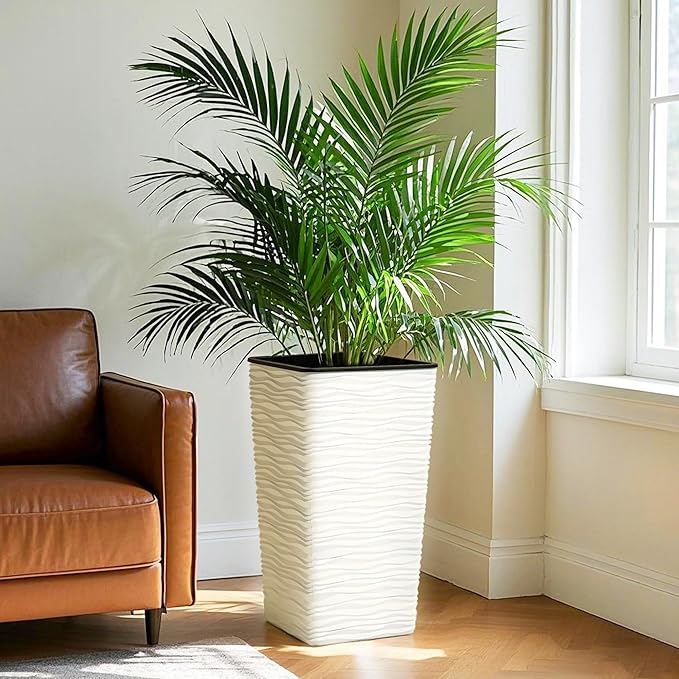 Worth Garden 2-Pack 22" H. White Square Tapered Planter with Inside Pots - Plastic Plant Pots for Indoor Outdoor - Modern Wavy Finish Decorative Flower Pots for Front Porch Containers Patio Deck-Ruum Studio Home