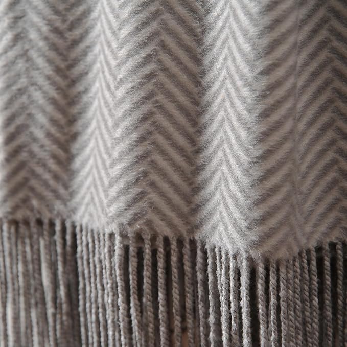 CUDDLE DREAMS Silk Throw Blanket with Hand-Knotted Fringe, Natural, Soft & Breathable (Herringbone Gray)-Ruum Studio Home