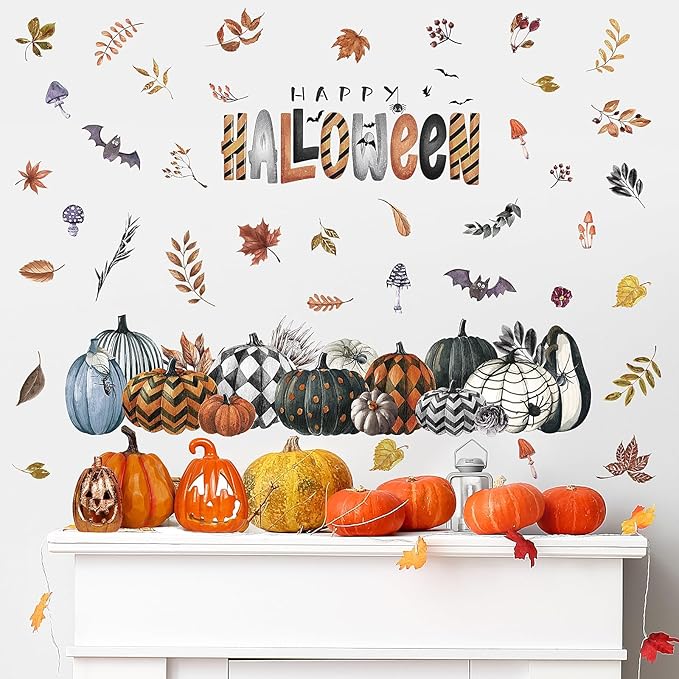 clothmile 40.15 x 38.58 Inch Happy Halloween Pumpkins Wall Decals Halloween Leaves Bat Spider Wall Stickers Halloween Removable Wall Sticker for Halloween Party Supplies Home Wall Decor-Ruum Studio Home