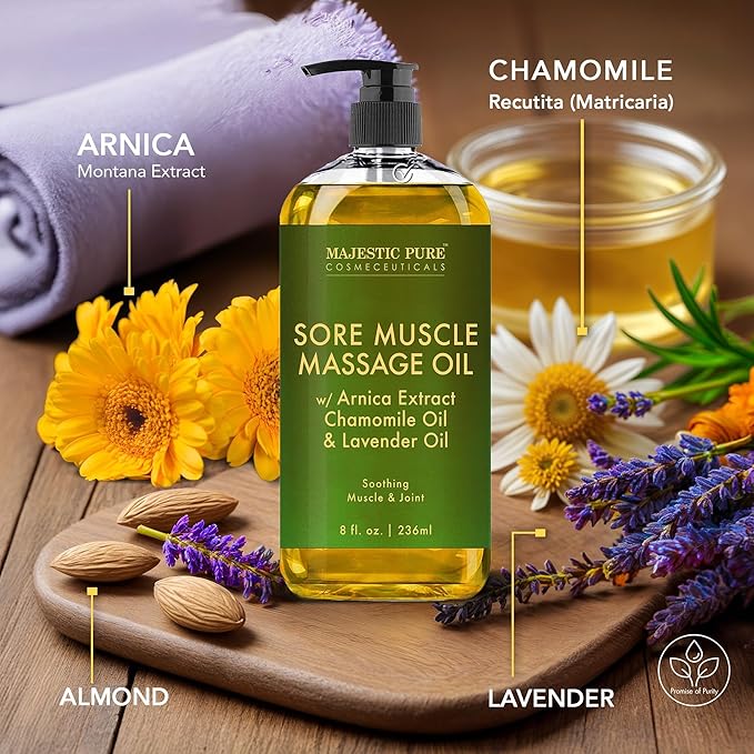 MAJESTIC PURE Arnica Sore Muscle Massage Oil for Massage Therapy - Refreshing, and Relaxing - Natural Oils with Lavender & Chamomile Essential Oils - for All Skin Types - Men and Women - 8 fl oz-Ruum Studio Home