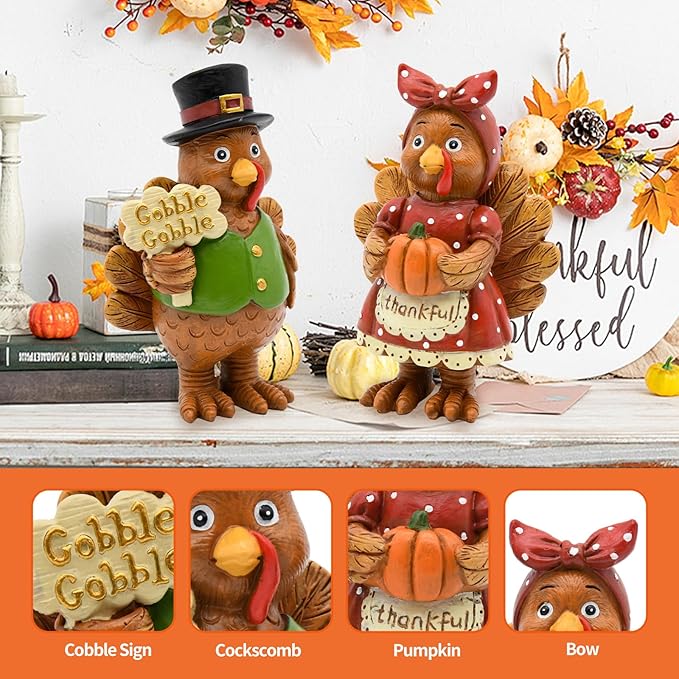 Thanksgiving Turkey Decor - 2Packs Resin Turkey Couple Standing Figurines Thanksgiving Decorations- Fall Decor Indoor for Tables Centerpieces Harvest Farmhouse Kitchen-Ruum Studio Home