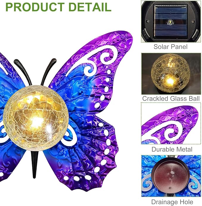 Solar Lights Outdoor Garden Butterfly Decor, Metal Butterfly Statue Decoration with LED Crackle Glass Globe, Solar Powered Lighted Garden Art Decor for Patio Lawn Yard Pathway Tabletop Ground-Ruum Studio Home