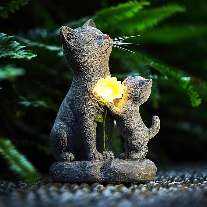 Solar Cat Garden Statue Outdoor Decor - Mother & Kitten Figurines with Flower LED Light, Outside Yard Art Patio Balcony Lawn Ornament, Unique Gifts for Cat Lover-Ruum Studio Home