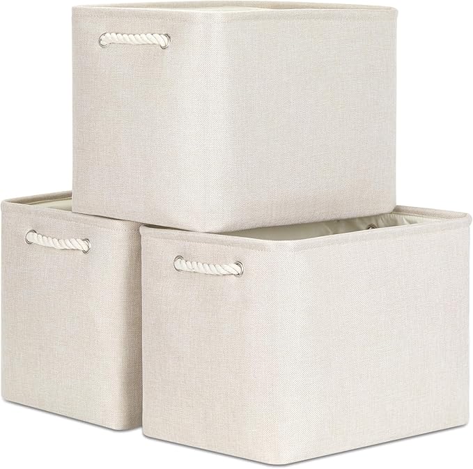 Bidtakay Large Storage Baskets for Shelves 3 Pack Fabric Storage Bins for Organizing Linen Collapsible Organizer for Closet-Light Biege-Ruum Studio Home