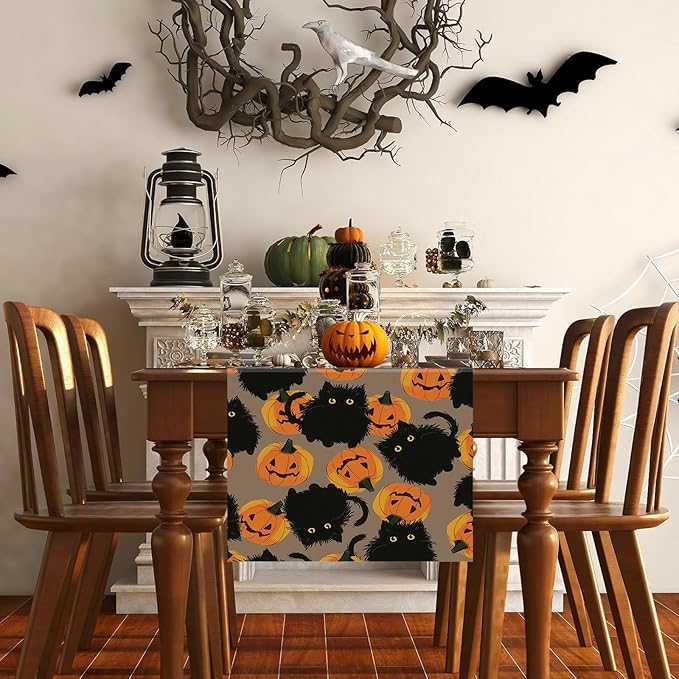 Halloween Table Runner Black Cat Pumpkins Seasonal Kitchen Dining Table Home Outdoor Party Decorations 13x36 Inch-Ruum Studio Home