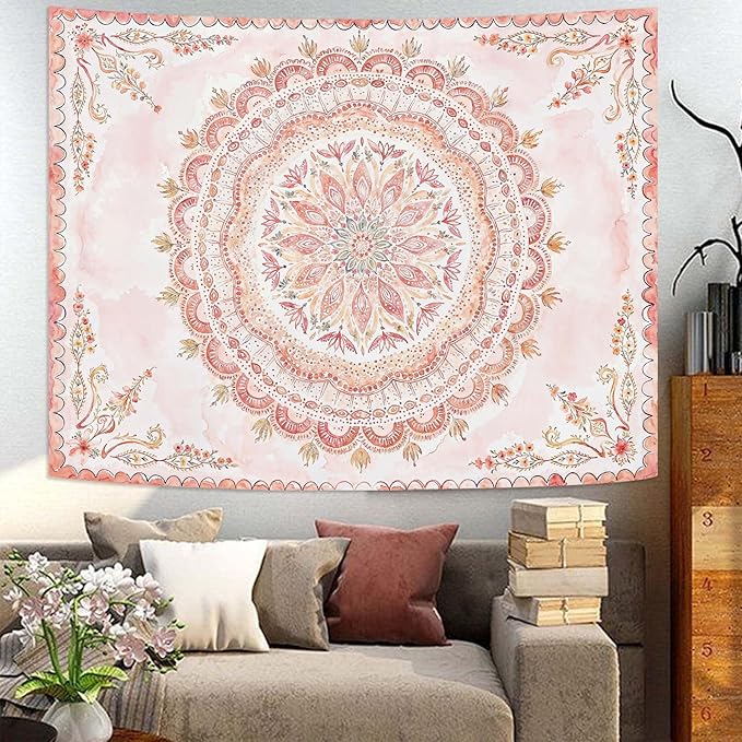 Fowocu Boho Floral Mandala Tapestry Wall Hanging Pink Bohemian Flower Medallion Tapestry Aesthetic Watercolor Hippie Indian Small Tapestries for Bedroom Living Room Dorm Decor 60 x 44 Inch-Ruum Studio Home
