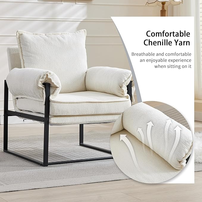 YISHENG Accent Chair with 6-Angle Adjustable Backrest, Chenille Fabric Living Room Chair Upholstered Lounge Chair, Modern Chair Cozy Reclining Chair for Reading Room, 1PC White-Ruum Studio Home