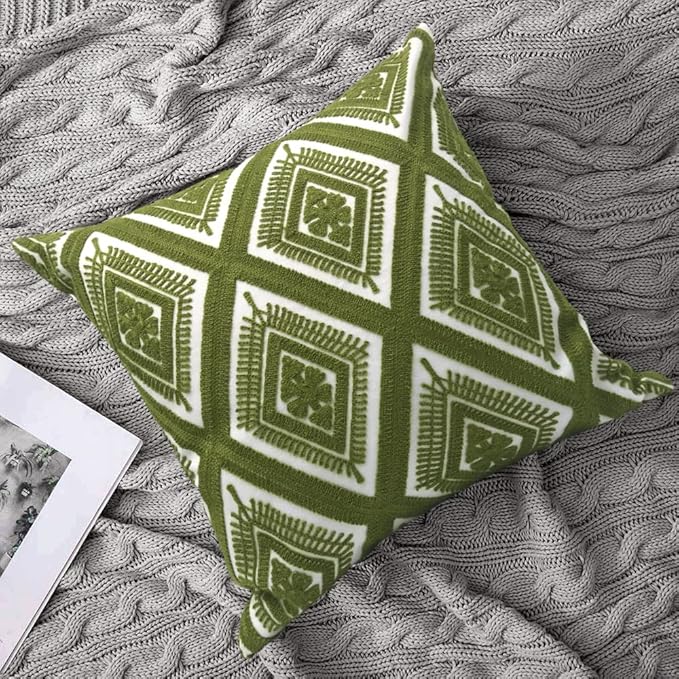 Alysheer Embroidered Decorative Throw Pillow Covers 18x18 inches Set of 2 Pieces, Boho Geometric Modern Chic Classic Pattern Cotton Cushion Cases for Sofa Couch Bed Living Room(Olive Green)-Ruum Studio Home