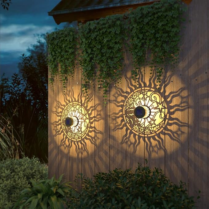 2 Pack Solar Fence Lights Metal Solar Powered Outdoor Wall Deck Lights Sun Moon Theme Waterproof Fence Light for Garden Post Patio Backyard Yard Decor (Face, 2 Pack)-Ruum Studio Home