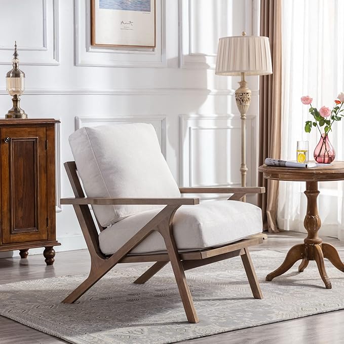 Wahson Mid Century Chair, Upholstered Accent Armchair, with Wood Frame and Removable Linen Cushions, Leisure Slipper Chair for Living Room/Bedroom, Cream-Ruum Studio Home