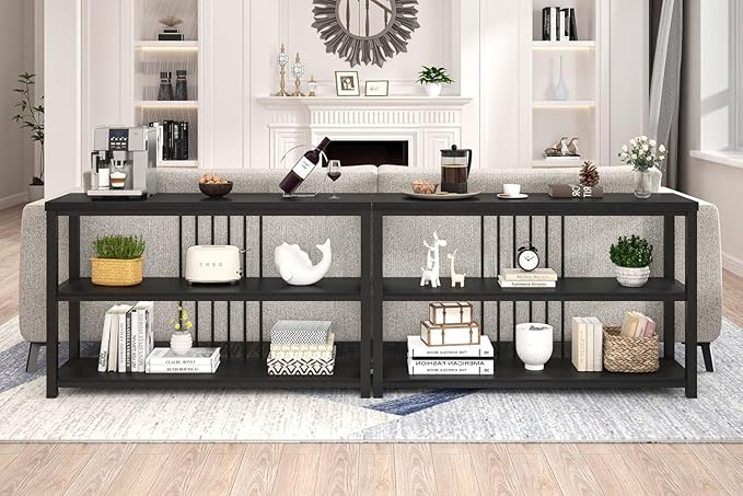 FOLUBAN Entryway Table, Modern Sofa Console Table with 3 Tier Storage Shelf for Living Room Hallway Foyer, Industrial Black Oak-Ruum Studio Home