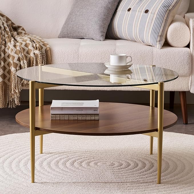 Round Coffee Table, Mid-Century Modern Design, D30“ x H17”, for Living Room, 2-Tier Structure, Clear Glass Top and Walnut MDF Shelf, Sleek Conical Metal Legs with Gold Finish-Ruum Studio Home
