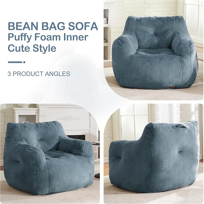 Hobestluk Bean Bag Chair for Adult Small Bean Bag Chairs with Arms Furry Beanbag Chair with Foam Filler Stuffed Bean Bag Sofa for Reading in Bedroom Living Room and Dorms (Blue Grey)-Ruum Studio Home