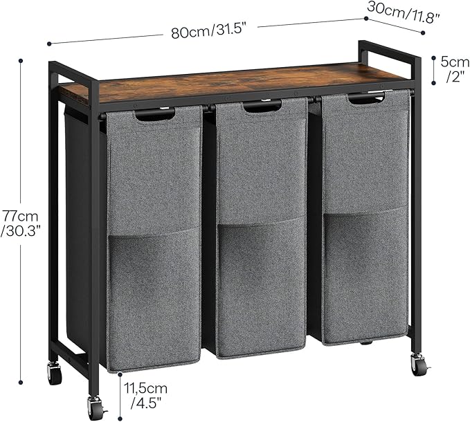 HOOBRO Laundry Sorter 3 Section, Laundry Hamper with Wheels, 3 × 11.5 Gal (43.4L), Rolling Laundry Basket, Pull-Out and Removable Oxford Fabric Laundry Bags, Rustic Brown and Grey BFG76XY01-Ruum Studio Home