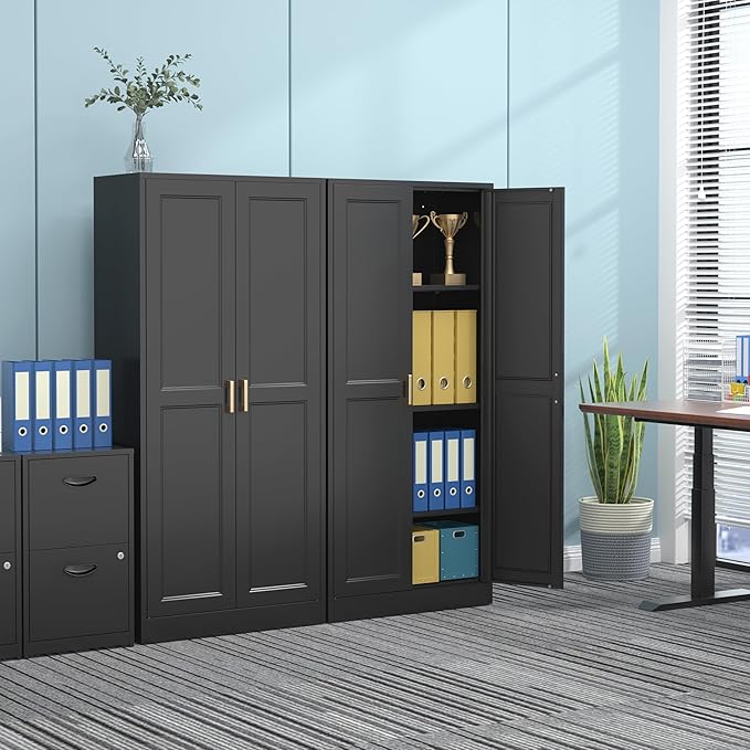 60" Tall Metal Pantry Cabinet, Black Kitchen Pantry Storage Cabinet with Doors and 3 Adjustable Shelves, Cupboard for Kitchen, Dining Room, Living Room, Bathroom-Ruum Studio Home