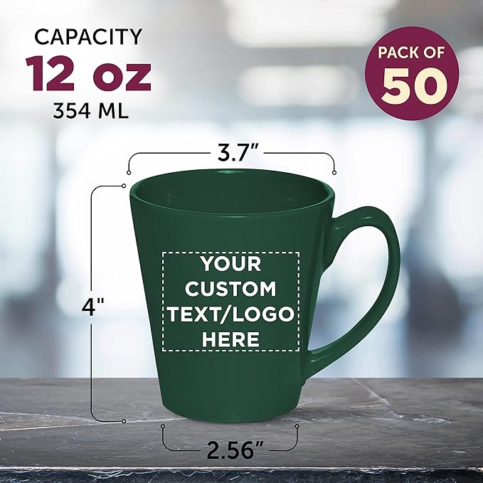 DISCOUNT PROMOS Custom Glossy Ceramic Latte Coffee Mug 12 oz. Set of 50, Personalized Bulk Pack - Perfect for Tea, Espresso, Cappuccino, Hot Cocoa - Green-Ruum Studio Home