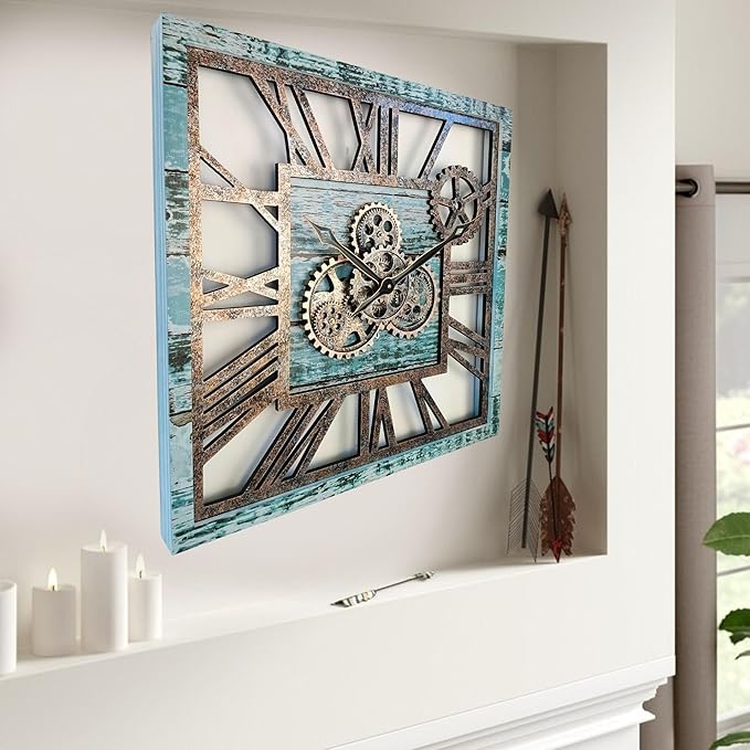 The Gears Clock 24'' Inch Square Real Moving Gear Wall Clock Vintage Industrial Oversized Rustic Farmhouse (Aqua Green)-Ruum Studio Home