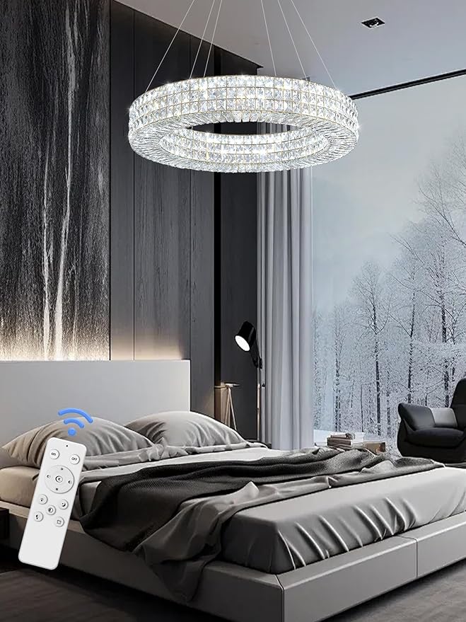 Dia 24" Modern Crystal Chandelier Gold Ring Chandelier Adjustable Height Luxury Crystal Pendant Ceiling Light Fixture for Dining Living Room Bedroom-Ruum Studio Home