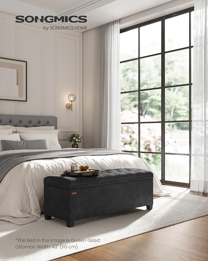 SONGMICS Velvet Storage Ottoman Bench, Foot Rest with Legs, 15.7 x 43 x 15.7 Inches, End of Bed Bench, Storage Chest, Load up to 660 lb, for Living Room, Bedroom, Entryway, Ink Black ULSF089B02-Ruum Studio Home