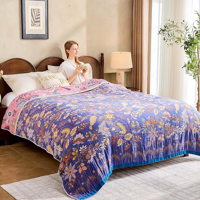 Boho Blanket, 100% Cotton Farmhouse Decorative Throw Blanket, 80"x90" Reversible Bohemian Throw Blanket, Purple All Season Muslin Breathable Woven Blankets Quilt-Ruum Studio Home