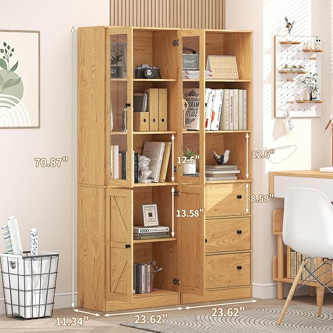 71" Tall Bookshelves Set of 2, Bookcase with Drawers & Bookshelf with Doors, Wooden Bookshelves Floor Standing Display Storage Shelves Home Decor Furniture for Home Office, Living Room,Natural-Ruum Studio Home