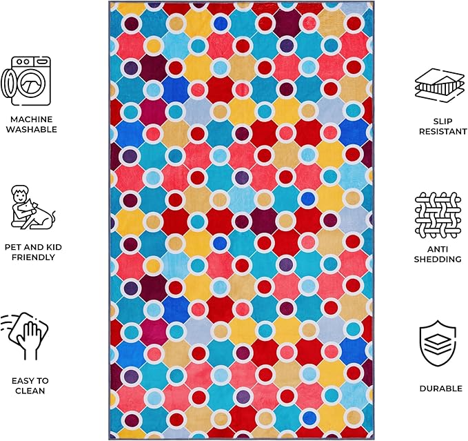 Machine Washable Polka Dot Rug for Kids Area - Multicolor Soft Rug for Nursery/Playroom/Classroom - 5x8-Ruum Studio Home