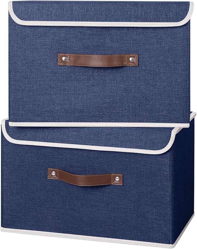 ANMINY 4PCS Storage Bins with Lid PU Leather Handles Storage Boxes PP Plastic Board Decorative Foldable Lidded Cotton Linen Fabric Home Cubes Baskets Closet Organizer Containers - Blue, Large Size-Ruum Studio Home