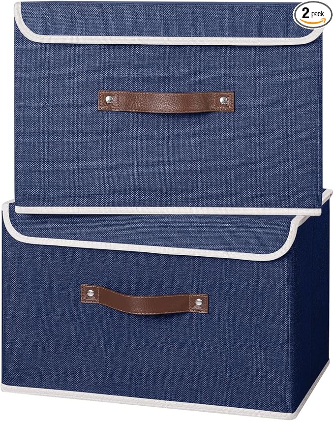 ANMINY 2PCS Storage Bins with Lid PU Leather Handles Storage Boxes PP Plastic Board Decorative Foldable Lidded Cotton Linen Fabric Home Cubes Baskets Closet Organizer Containers - Blue, Large Size-Ruum Studio Home
