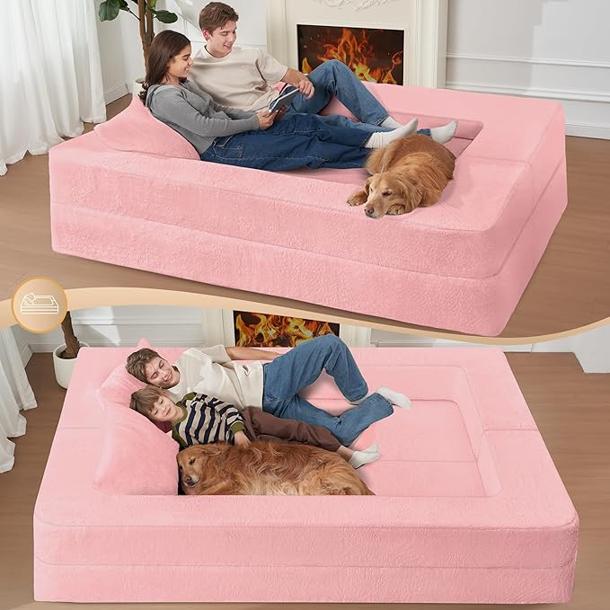 Folding Bean Bag Chair for Adults,3-in-1 Bean Bag Couch Faux Fur Floor Sofa Large Beanbag Convertible Bean Bag Sofa Bed with Pillow in Bedroom,Living Room,Apartment(Queen,Pink)-Ruum Studio Home
