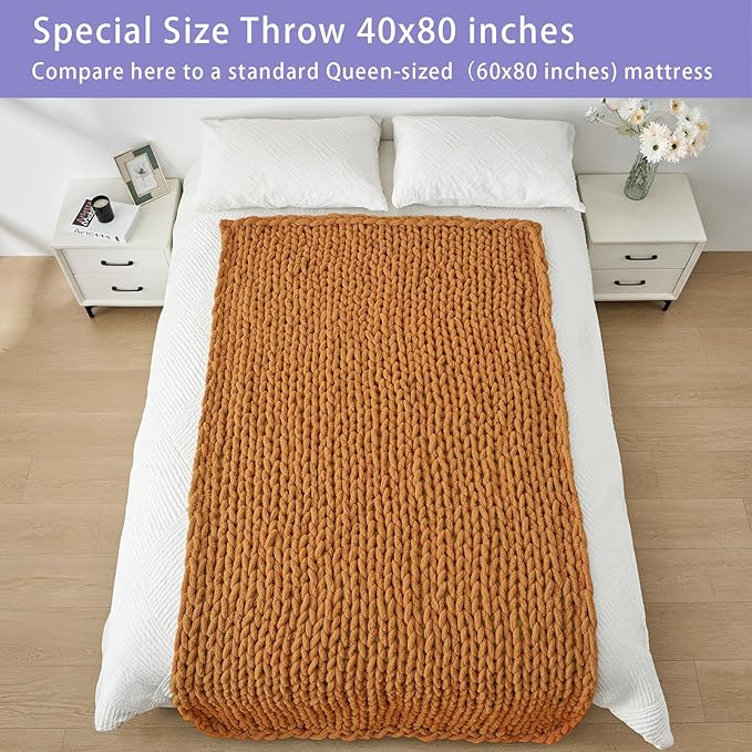 Bigacogo Chunky Knit Throw Blanket for Couch, 40x80 inches, 100% Hand Knitted with Thick Jumbo Chenille Yarn, Cozy Soft Large Rope Knot Cable Crochet Blankets for Sofa Bed Living Room, Burnt Orange-Ruum Studio Home