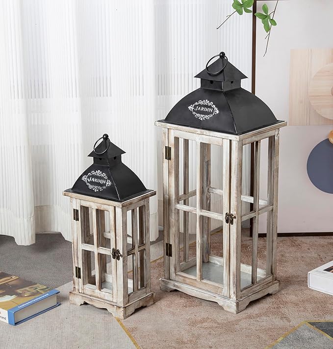 Set of 2 Large Decorative Wooden Metal Lanterns, Farmhouse Rustic Floor Candle Lanterns, Indoor/Outdoor Hanging Lanterns for Home Decor (No Glass)-Ruum Studio Home