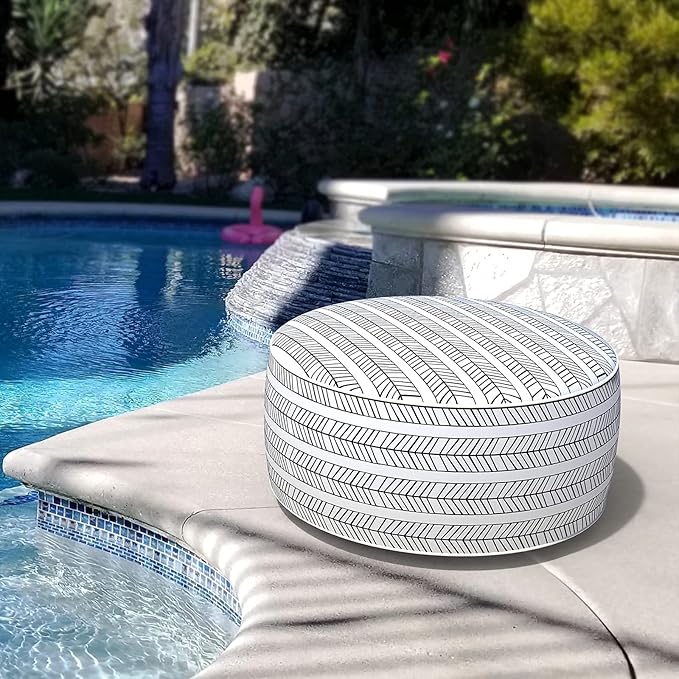 LVTXIII Outdoor/Indoor Inflatable Ottoman, Patio Footrest Stool, Portable Round Ottoman for Patio Garden, Camping or Home, Herringbone Black White-Ruum Studio Home