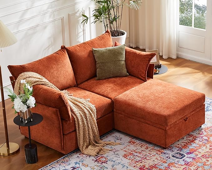 Luxury Modular Sectional Sofa, L-Shaped 3-Seat Couch with Storage Ottoman Deep Seat & Reversible Chaise Lounge Chenille Terracotta Orange for Compact Spaces, Apartments, Dorm-Ruum Studio Home