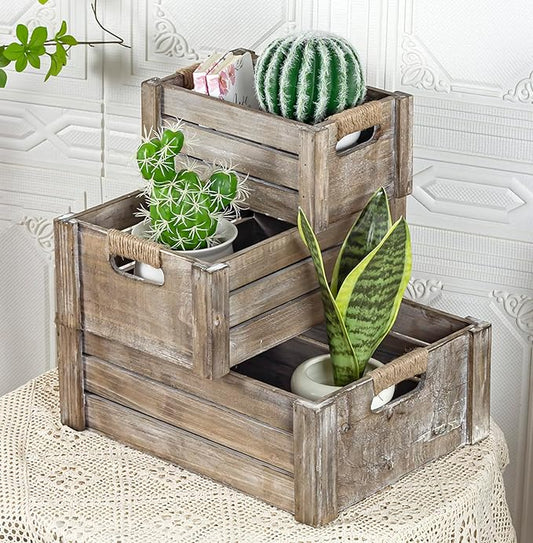 TIMRIS Set of 3 Rustic Wood Nesting Crates, Farmhouse Wooden Storage Container Boxes with Cutout Handles, Decorative Wooden Baskets for Display (Rustic Gray)-Ruum Studio Home
